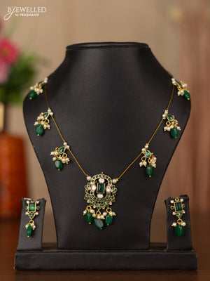 Invisible chain with emerald & kundan stones and green beads hangings
