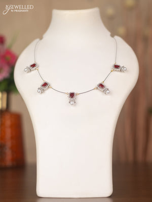 Invisible chain with maroon & cz stones and pearls in silver finish