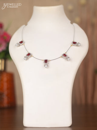 Invisible chain with maroon & cz stones and pearls in silver finish