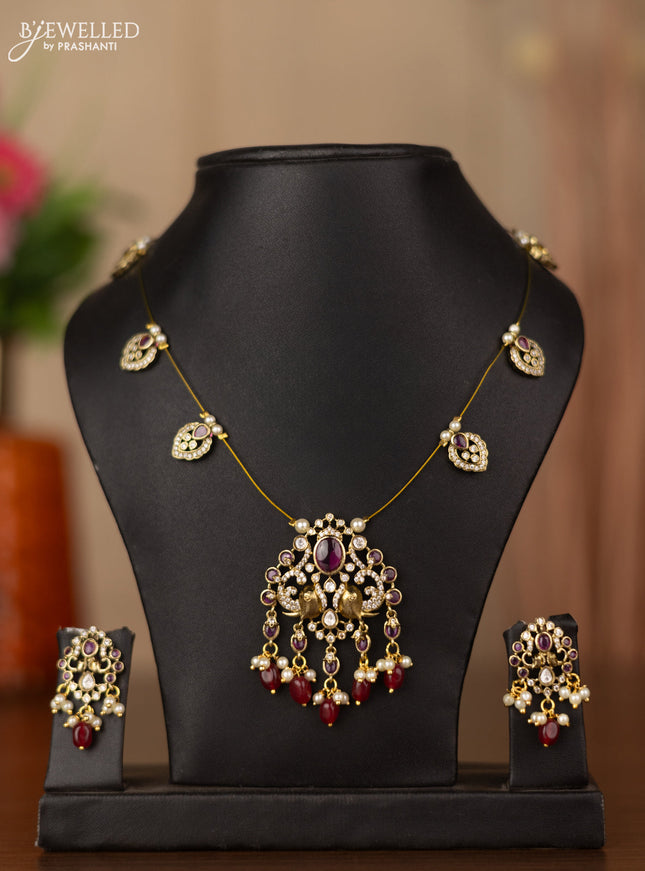 Invisible chain elephant design with ruby & kundan cz stones and beads hangings