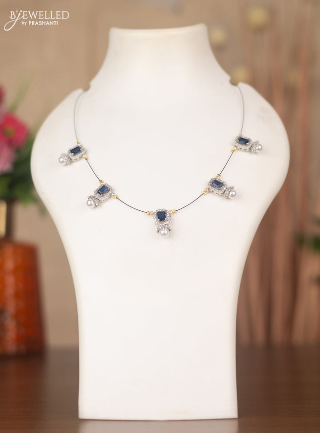 Invisible chain with sapphire & cz stones and pearls in silver finish