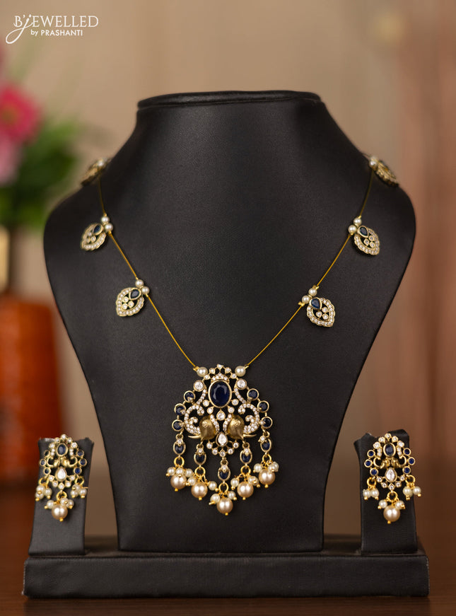 Invisible chain elephant design with sapphire & kundan cz stones and beads hangings