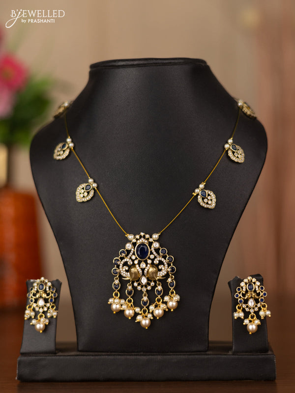 Invisible chain elephant design with sapphire & kundan cz stones and beads hangings