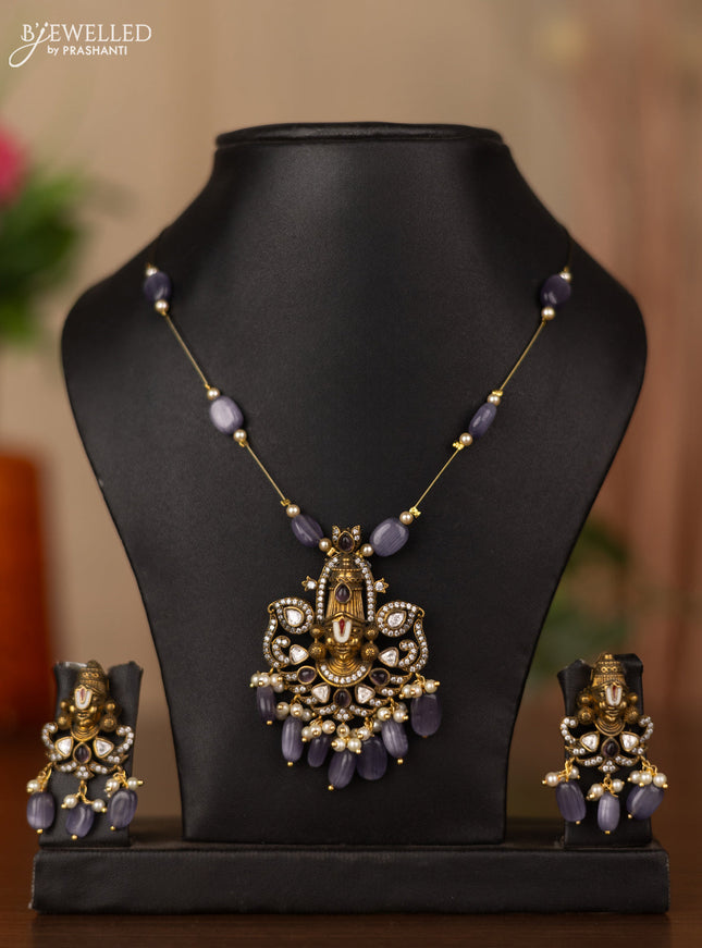 Invisible chain tirupati balaji pendant with purple & kundan cz stones and beads hangings