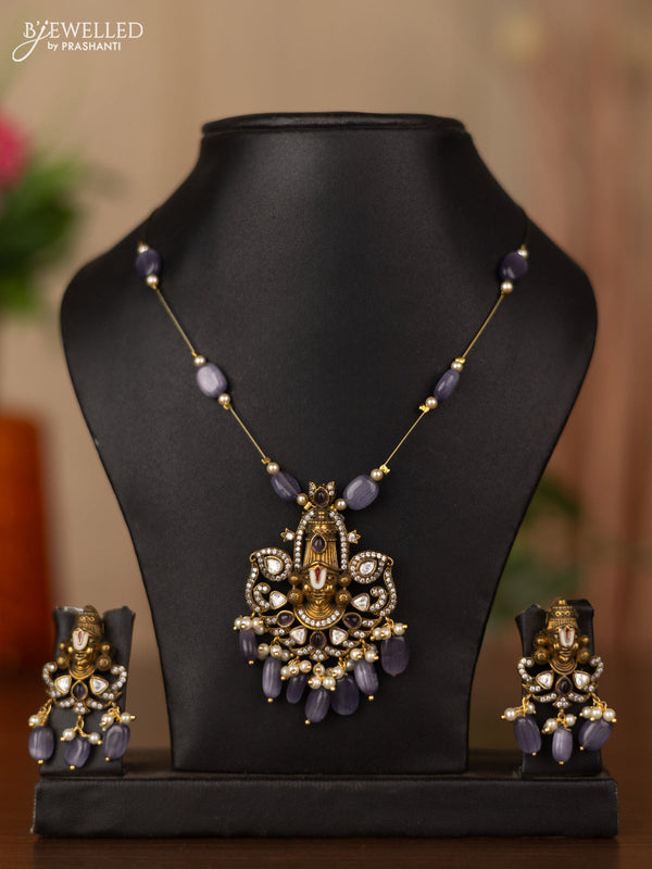 Invisible chain tirupati balaji pendant with purple & kundan cz stones and beads hangings