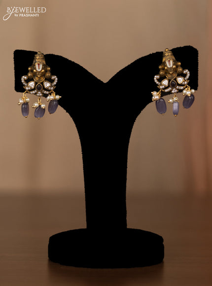 Invisible chain tirupati balaji pendant with purple & kundan cz stones and beads hangings