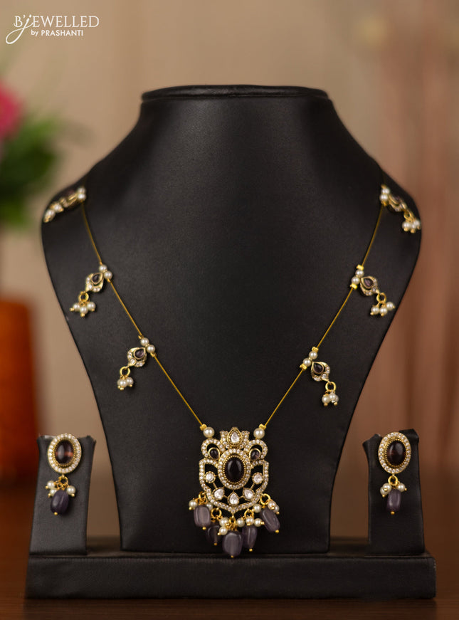 Invisible chain with purple & kundan cz stones and beads hangings