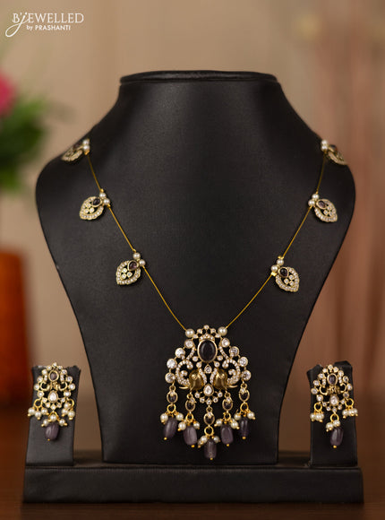 Invisible chain elephant design with purple & kundan cz stones and beads hangings