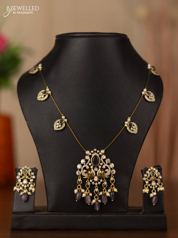 Invisible chain elephant design with purple & kundan cz stones and beads hangings