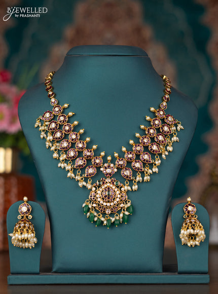 Antique guttapusalu necklace removable pendant with kemp & cz stones and pearl & green beads hangings