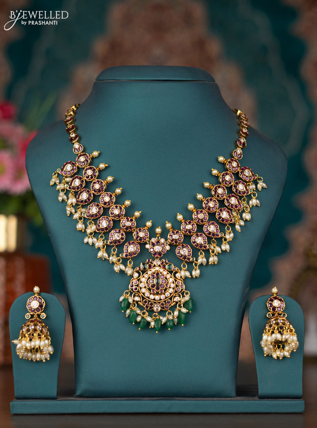 Antique guttapusalu necklace removable pendant with kemp & cz stones and pearl & green beads hangings