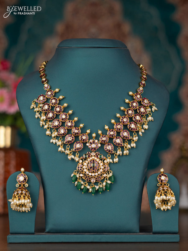 Antique guttapusalu necklace removable pendant with kemp & cz stones and pearl & green beads hangings