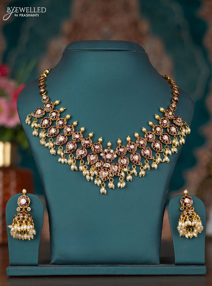 Antique guttapusalu necklace removable pendant with kemp & cz stones and pearl & green beads hangings