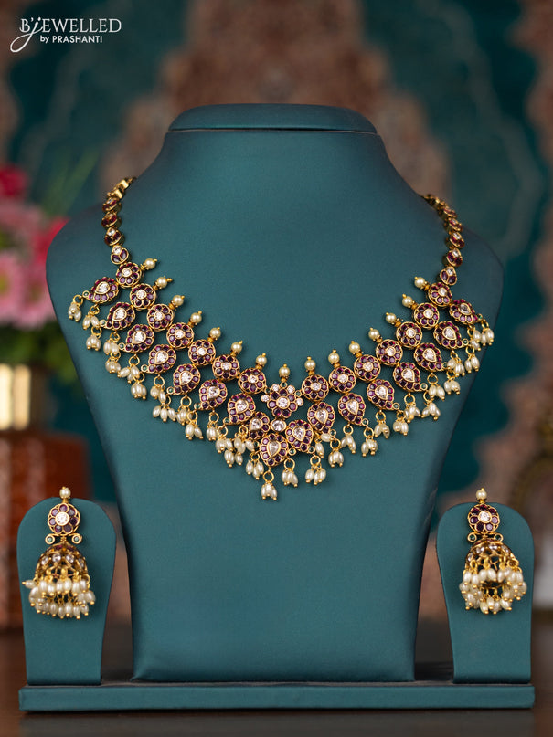 Antique guttapusalu necklace removable pendant with kemp & cz stones and pearl & green beads hangings