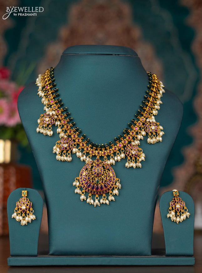 Antique guttapusalu necklace with kemp & cz stones and pearl hangings