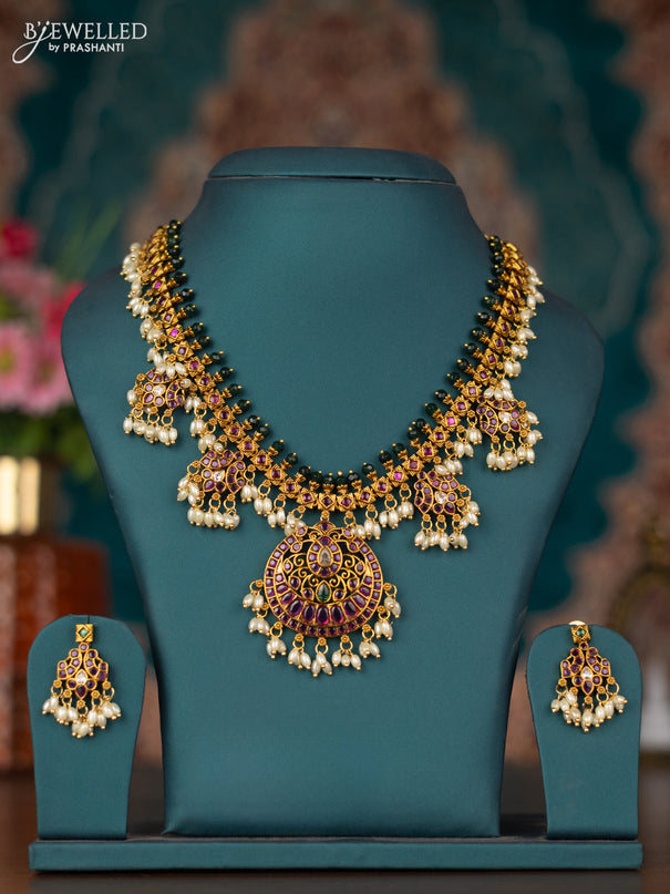Antique guttapusalu necklace with kemp & cz stones and pearl hangings