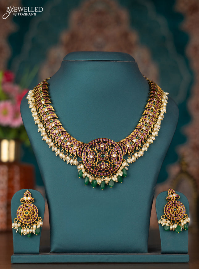 Antique guttapusalu necklace with kemp & cz stones and pearl & green beads hangings