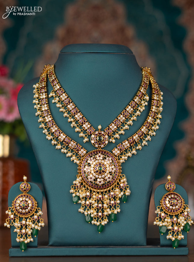 Antique guttapusalu double layer necklace with kemp & cz stones and pearl & green beads hangings