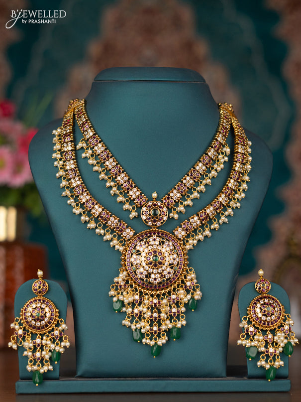 Antique guttapusalu double layer necklace with kemp & cz stones and pearl & green beads hangings