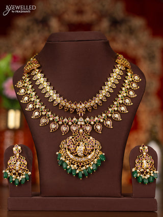 Antique double layer necklace manga pattern with kemp & cz stones and pearl & green beads hangings