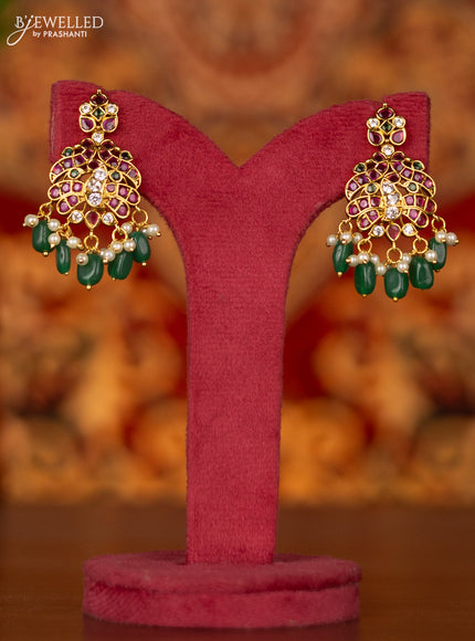 Antique double layer necklace manga pattern with kemp & cz stones and pearl & green beads hangings