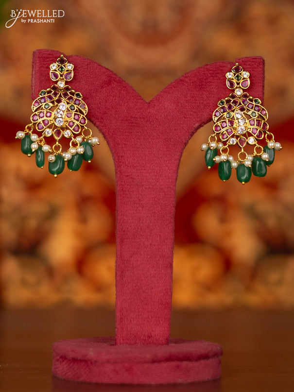 Antique double layer necklace manga pattern with kemp & cz stones and pearl & green beads hangings