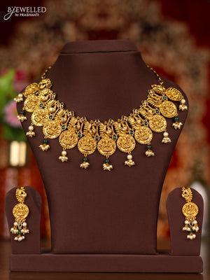 Antique necklace lakshmi & peacock design with kemp stones and pearl hangings