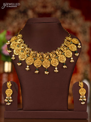 Antique necklace lakshmi & peacock design with kemp stones and pearl hangings