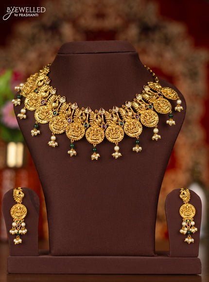 Antique necklace lakshmi & peacock design with kemp & cz stones and pearl hangings