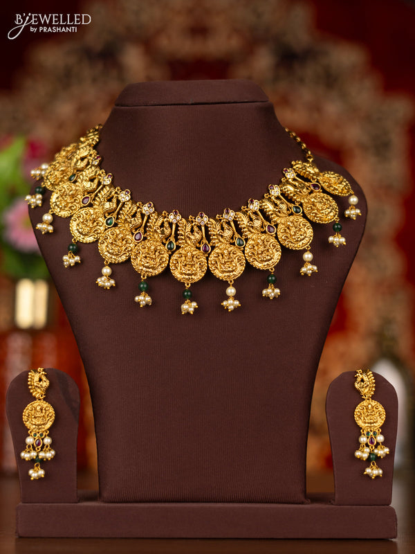 Antique necklace lakshmi & peacock design with kemp & cz stones and pearl hangings