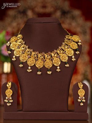 Antique necklace lakshmi & peacock design with ruby stones and pearl hangings