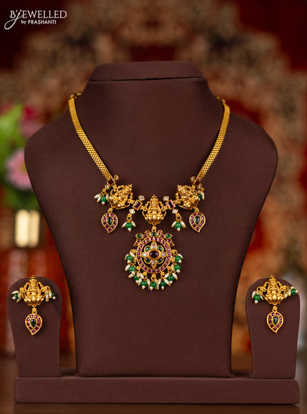 Antique necklace lakshmi design with kemp & cz stones and pearl & green beads hangings