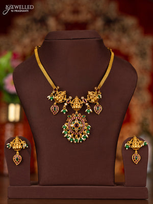 Antique necklace lakshmi design with kemp & cz stones and pearl & green beads hangings