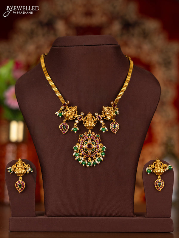 Antique necklace lakshmi design with kemp & cz stones and pearl & green beads hangings