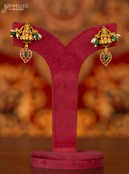 Antique necklace lakshmi design with kemp & cz stones and pearl & green beads hangings
