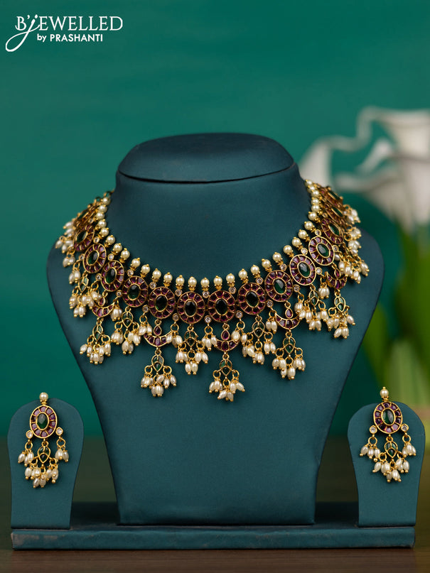 Antique guttapusalu necklace with kemp & cz stones and pearl hangings