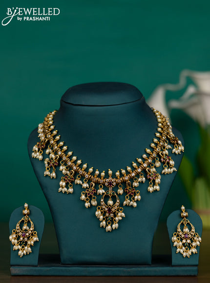 Antique guttapusalu necklace with kemp & cz stones and pearl hangings