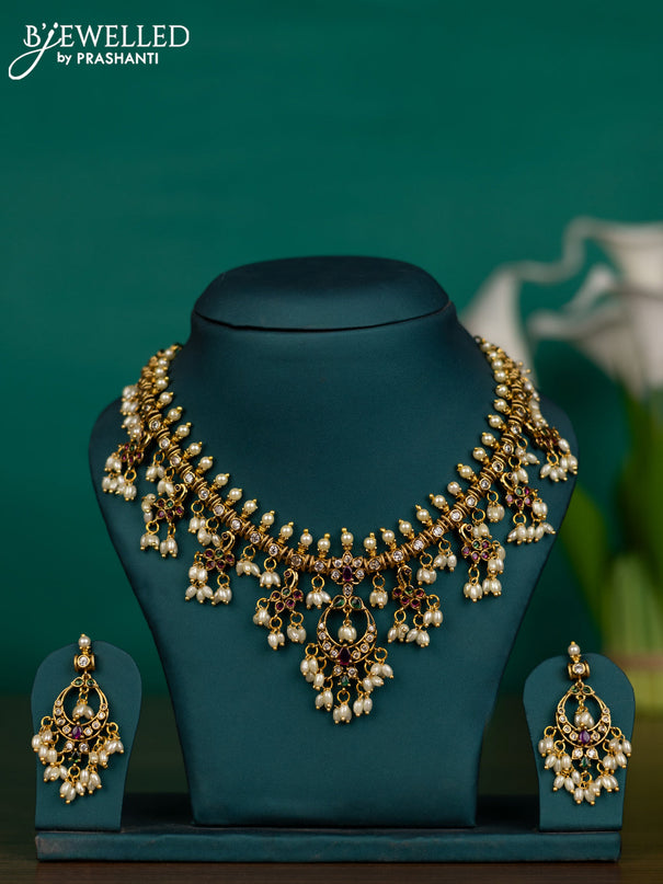 Antique guttapusalu necklace with kemp & cz stones and pearl hangings