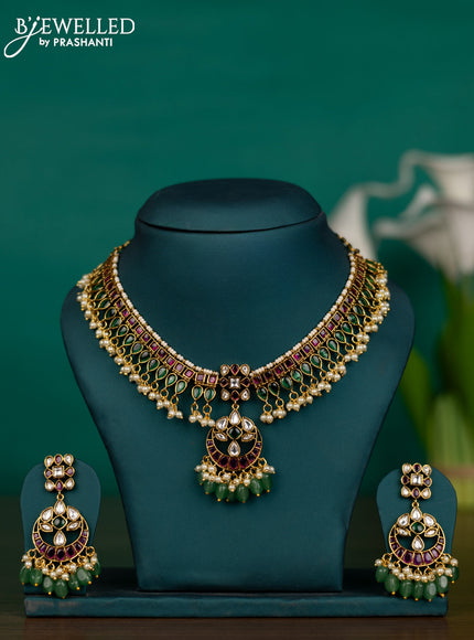 Antique guttapusalu necklace chandbali design with kemp & kundan stones and pearl & mint green beads hangings