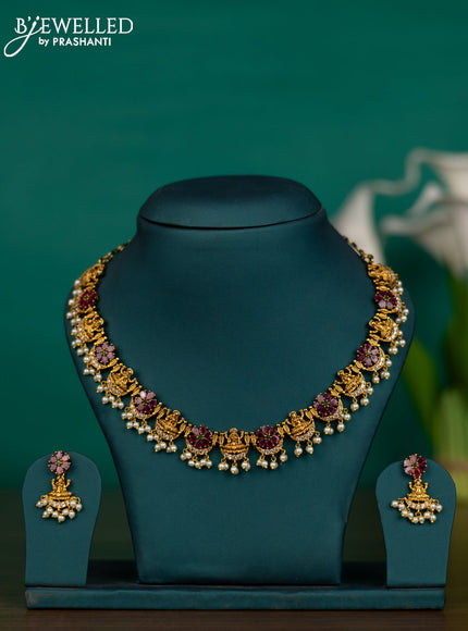 Antique guttapusalu necklace lakshmi & floral design with kemp & cz stones and pearl hangings