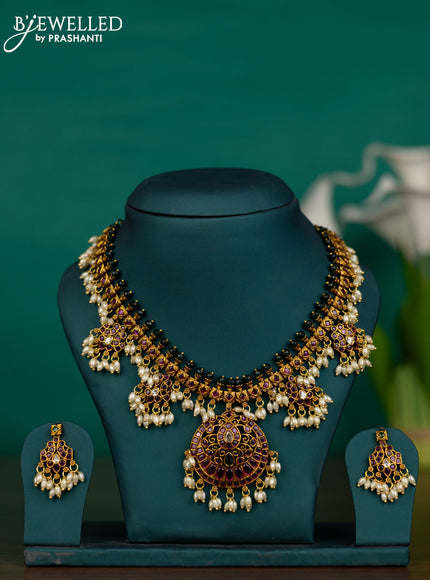 Antique guttapusalu necklace chandbali design with kemp & cz stones and pearl hangings
