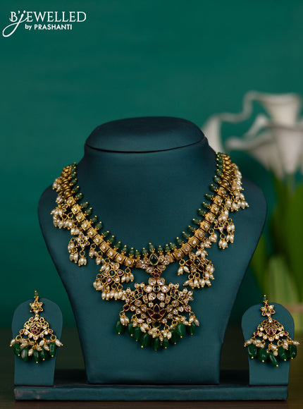 Antique guttapusalu necklace with kemp & cz stones and pearl & green beads hangings