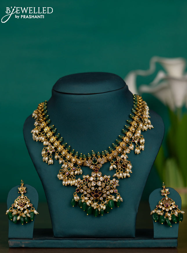 Antique guttapusalu necklace with kemp & cz stones and pearl & green beads hangings