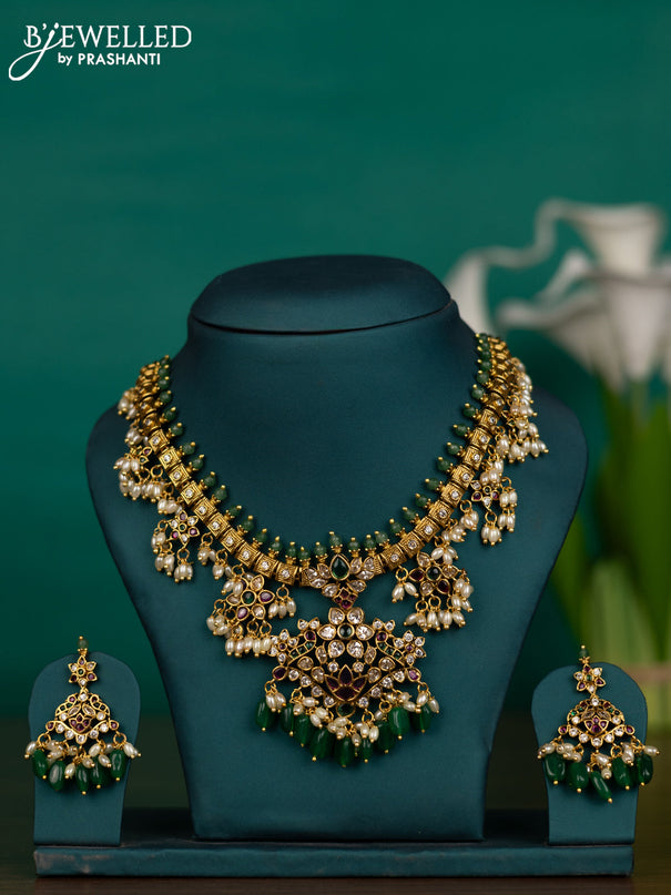 Antique guttapusalu necklace with kemp & cz stones and pearl & green beads hangings