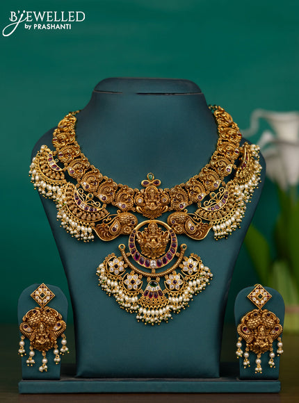 Antique guttapusalu necklace lakshmi design with kemp & cz stones and pearl hangings