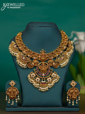 Antique guttapusalu necklace lakshmi design with kemp & cz stones and pearl hangings