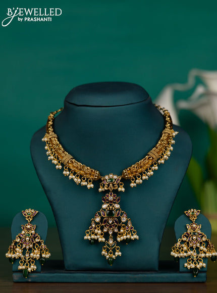 Antique guttapusalu necklace with kemp & kundan stones and pearl & green beads hangings