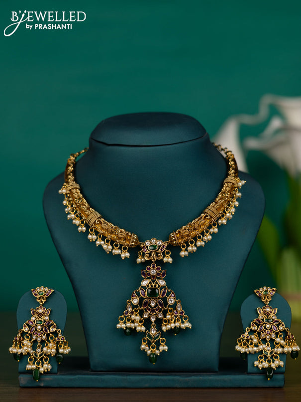 Antique guttapusalu necklace with kemp & kundan stones and pearl & green beads hangings