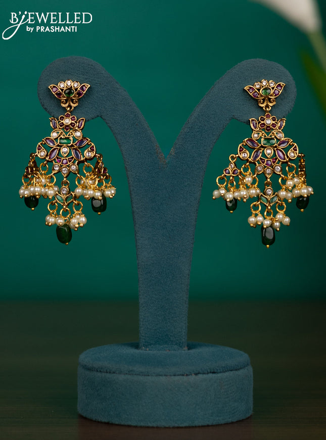 Antique guttapusalu necklace with kemp & kundan stones and pearl & green beads hangings