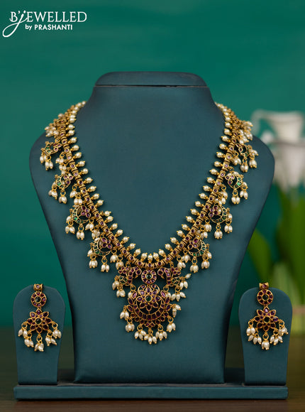 Antique guttapusalu necklace chandbali design with kemp stones and pearl hangings